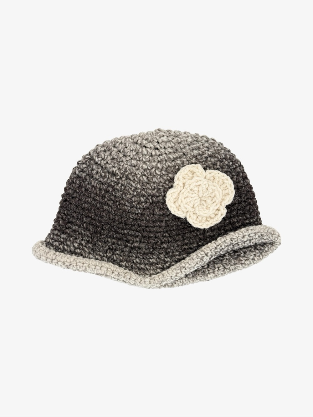 HAND‎ CRAFTED Crochet Ombre Cloche Bucket Hat OS Gray Wool Rolled Brim Flower